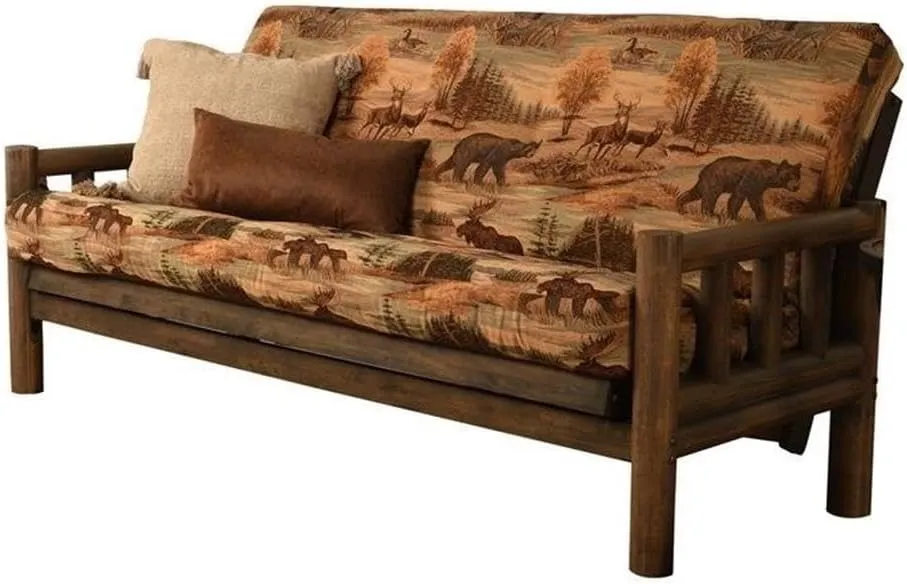 Kodiak Furniture 75" Traditional Full-Size Fabric Futon Mattress with Coil Hinged Innerspring Unit, Foam Construction, Tufted Cover, in Canadian Brown & Blue Print Finish - Frame not Included