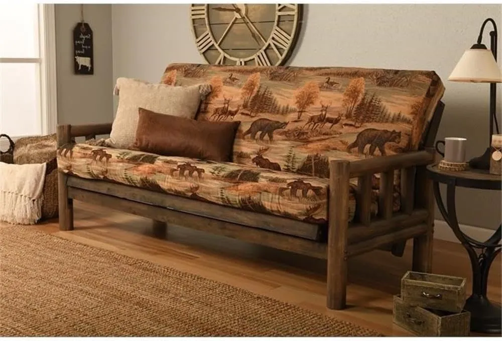 Kodiak Furniture 75" Traditional Full-Size Fabric Futon Mattress with Coil Hinged Innerspring Unit, Foam Construction, Tufted Cover, in Canadian Brown & Blue Print Finish - Frame not Included