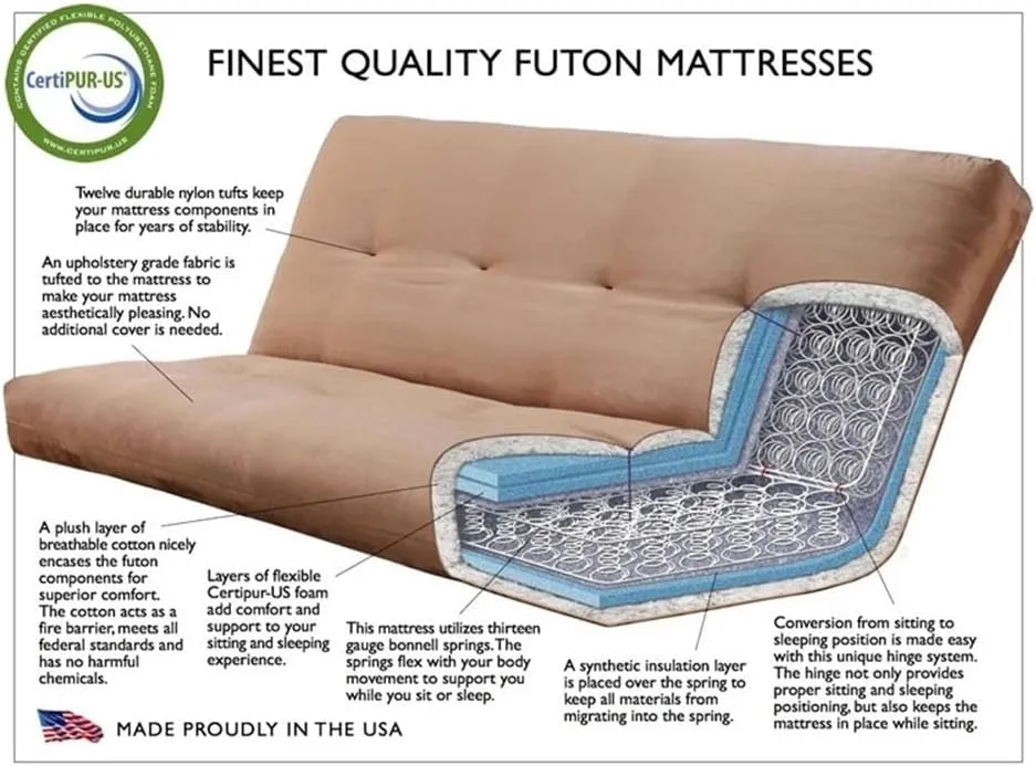 Kodiak Furniture 75" Traditional Full-Size Fabric Futon Mattress with Coil Hinged Innerspring Unit, Foam Construction, Tufted Cover, in Canadian Brown & Blue Print Finish - Frame not Included