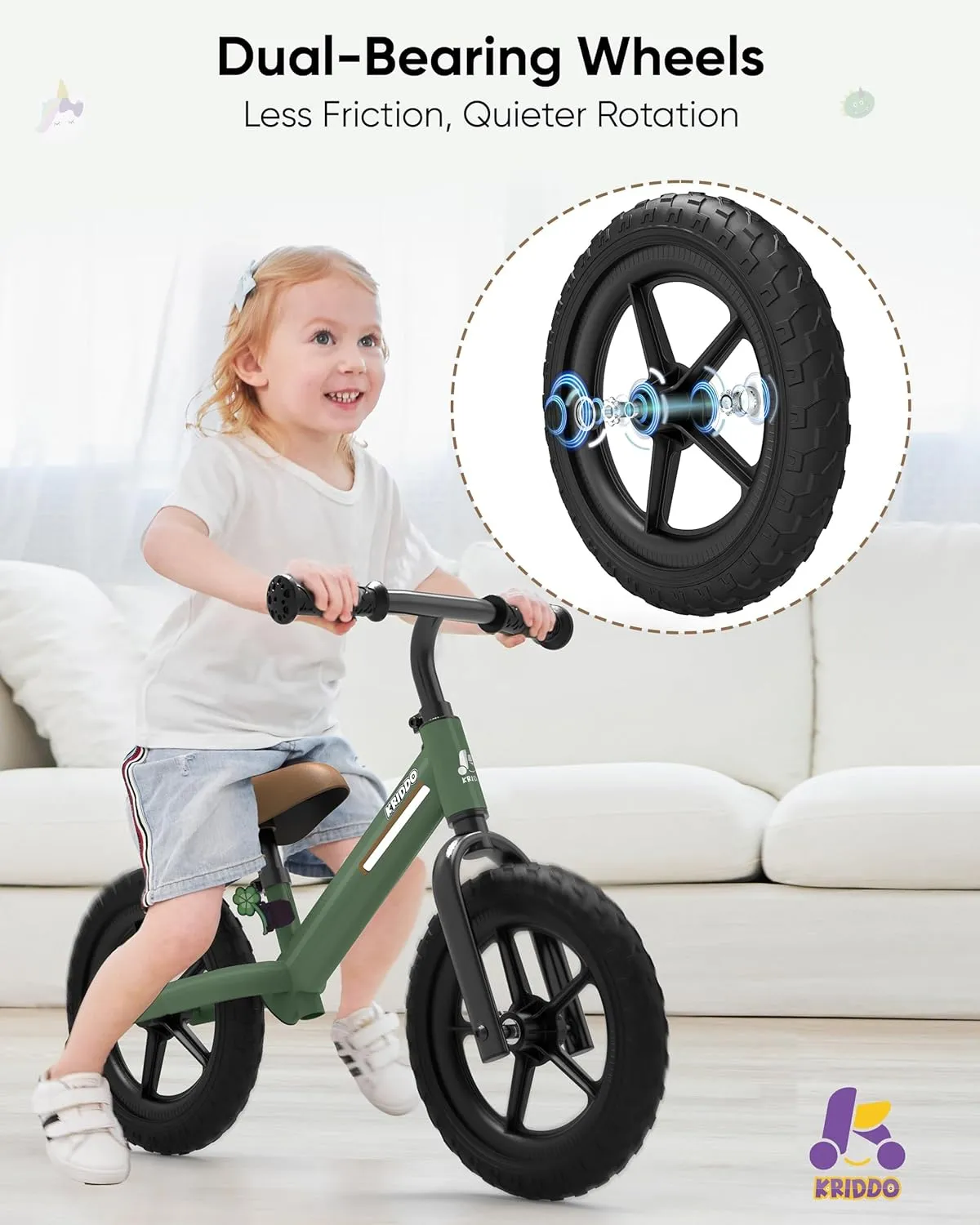 KRIDDO Toddler Balance Bike 2 Year Old, Kids Balance Bike for 2-5 Years Old, Dual Bearing for Smoother Riding, Adorable Plate, Adjustable Seat and Handlebar, Toddler Bike Gifts Age 2-3