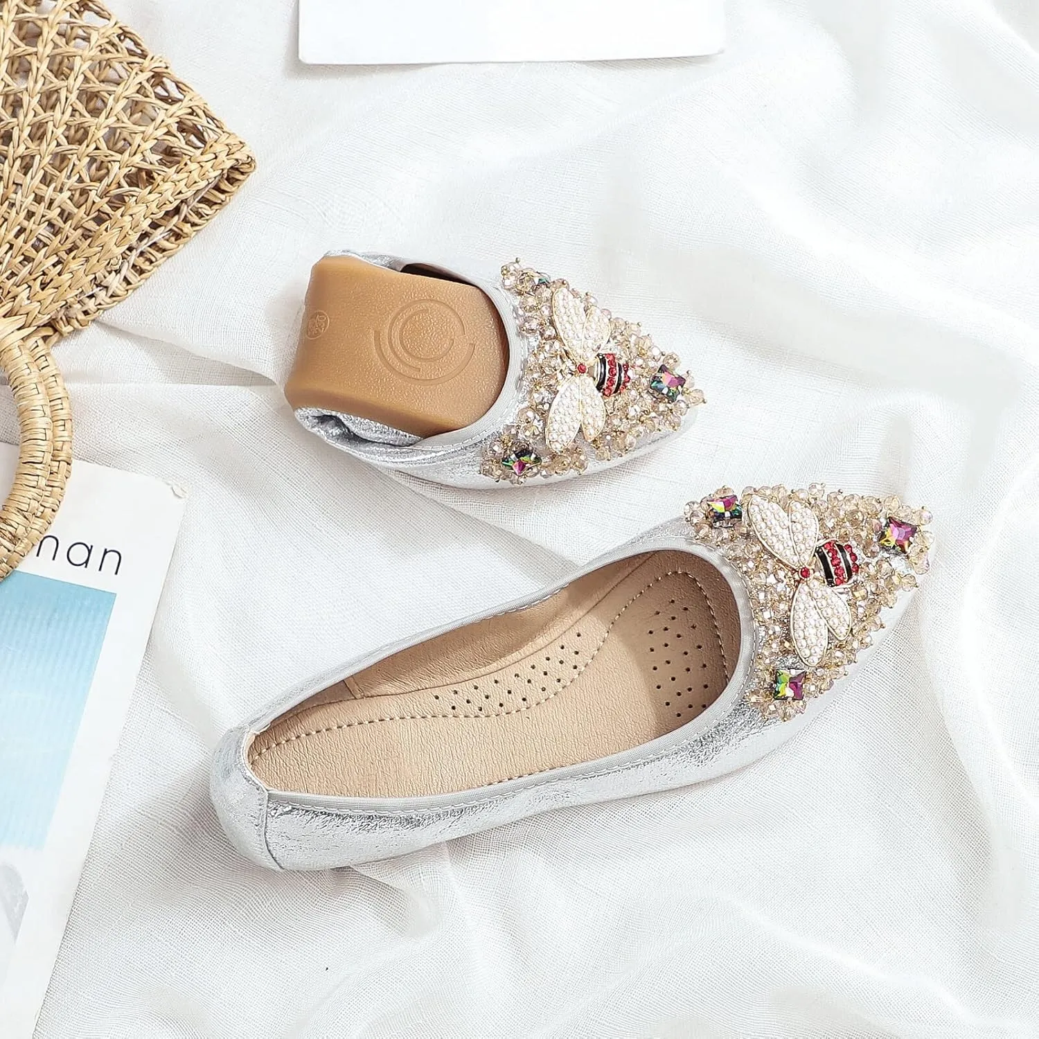 KUNWFNIX Women Ballet Flats Rhinestone Wedding Ballerina Shoes Foldable Sparkly Comfort Slip on Flat Shoes