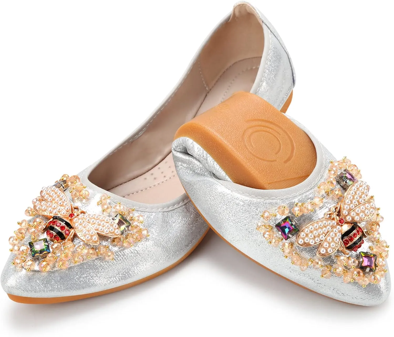 KUNWFNIX Women Ballet Flats Rhinestone Wedding Ballerina Shoes Foldable Sparkly Comfort Slip on Flat Shoes