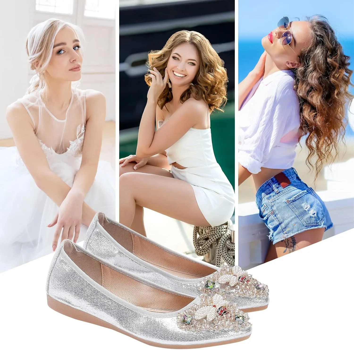 KUNWFNIX Women Ballet Flats Rhinestone Wedding Ballerina Shoes Foldable Sparkly Comfort Slip on Flat Shoes
