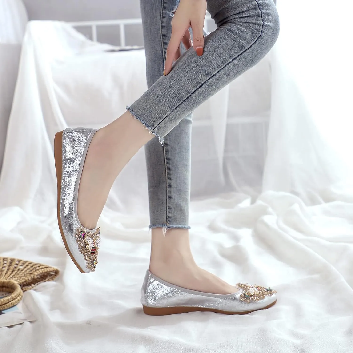 KUNWFNIX Women Ballet Flats Rhinestone Wedding Ballerina Shoes Foldable Sparkly Comfort Slip on Flat Shoes
