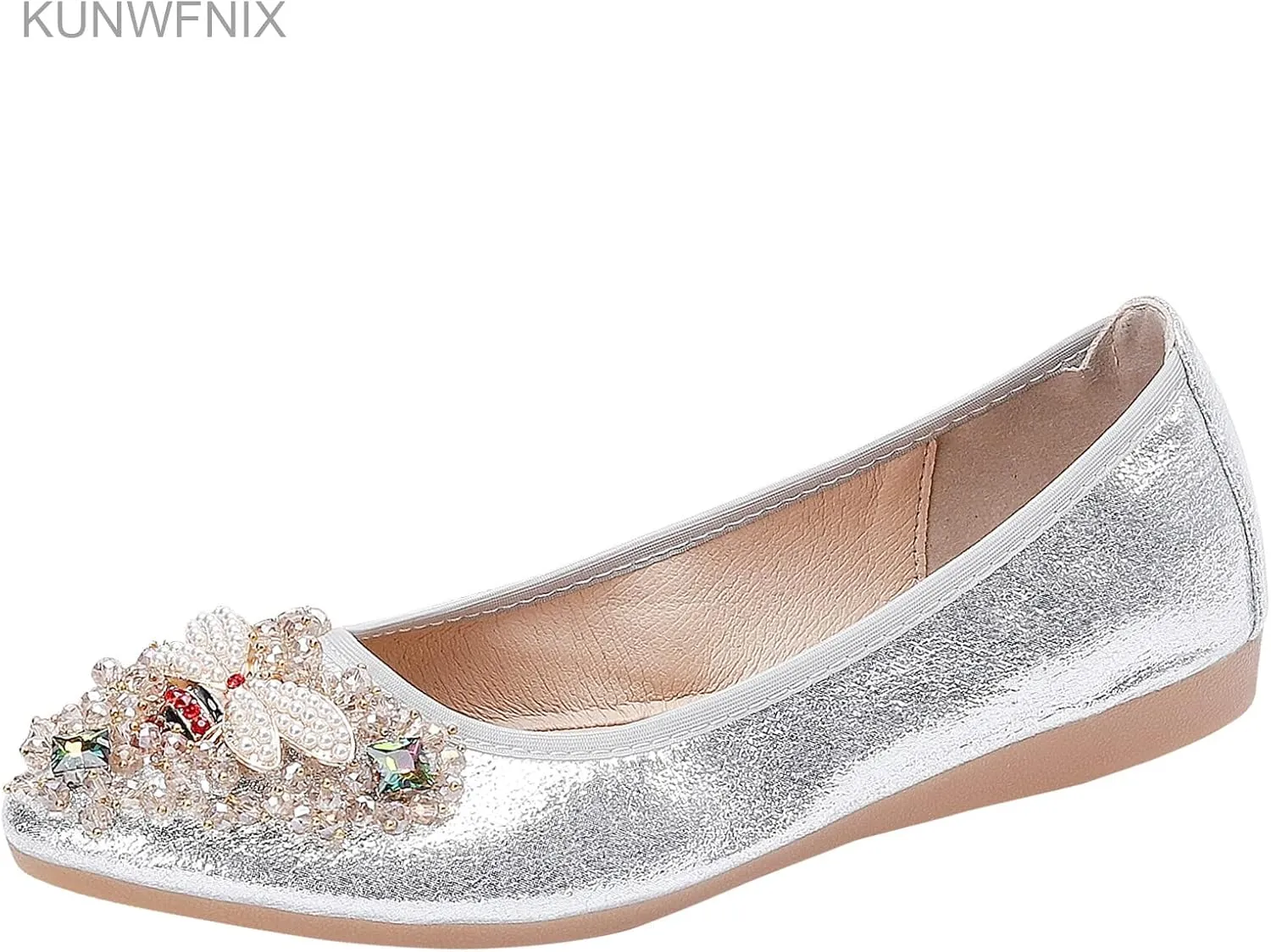 KUNWFNIX Women Ballet Flats Rhinestone Wedding Ballerina Shoes Foldable Sparkly Comfort Slip on Flat Shoes