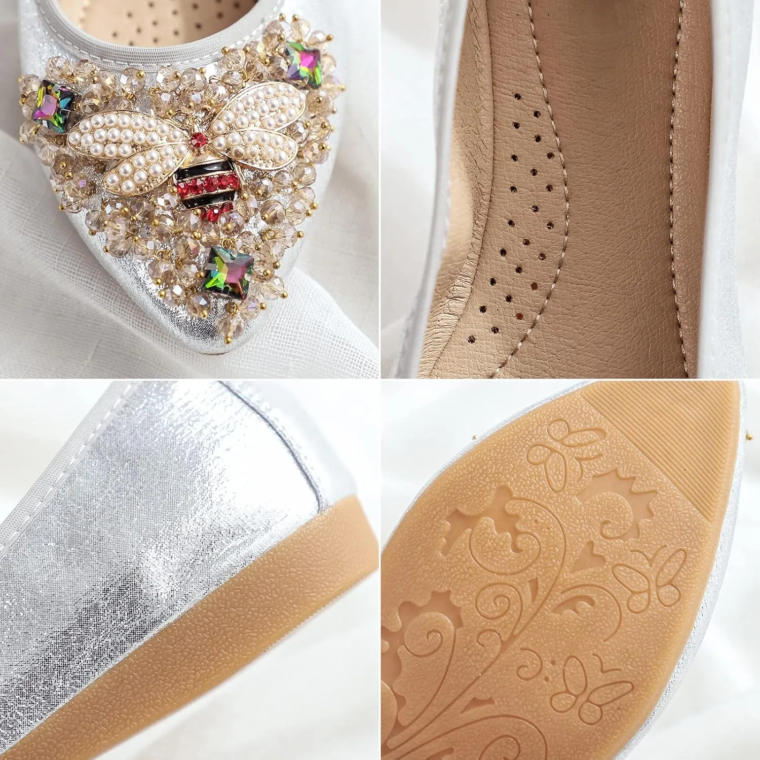 KUNWFNIX Women Ballet Flats Rhinestone Wedding Ballerina Shoes Foldable Sparkly Comfort Slip on Flat Shoes