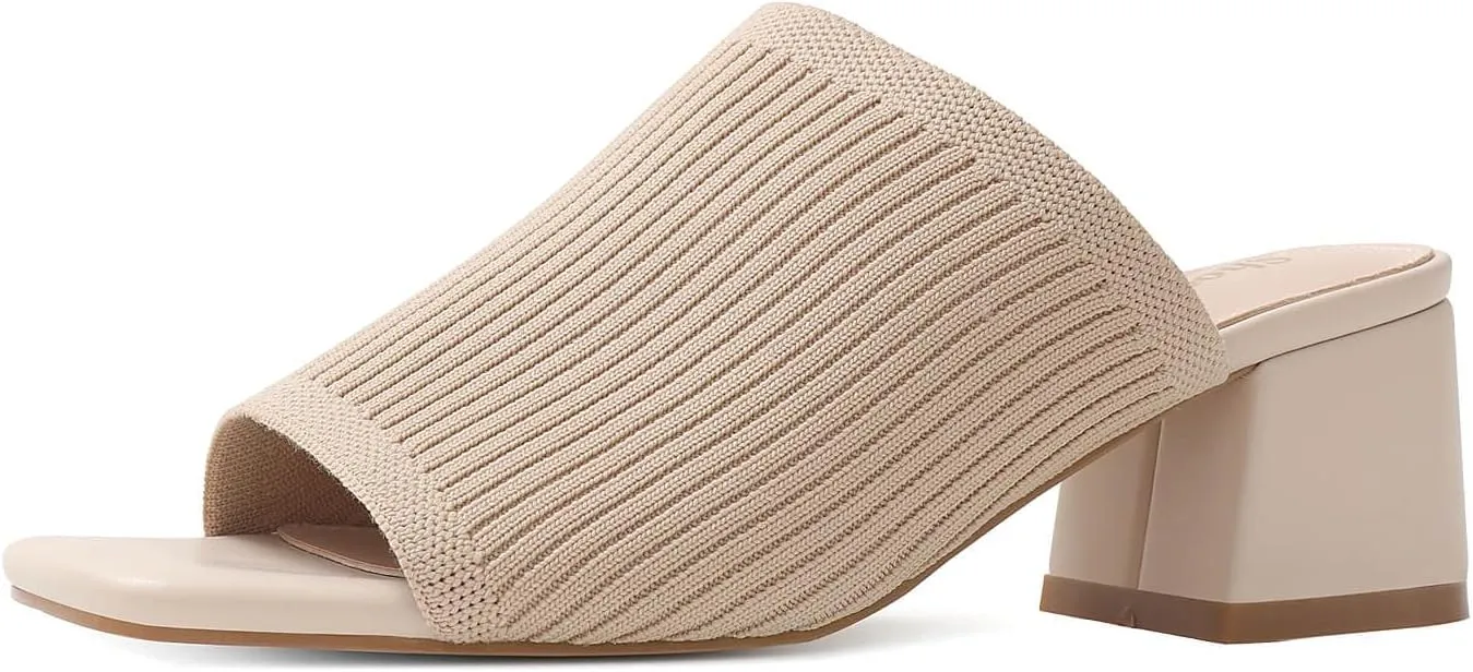 LACUONE Heeled Sandals For Women Square Open Toe Heeled Mules Block Low Heel Slip On Slides