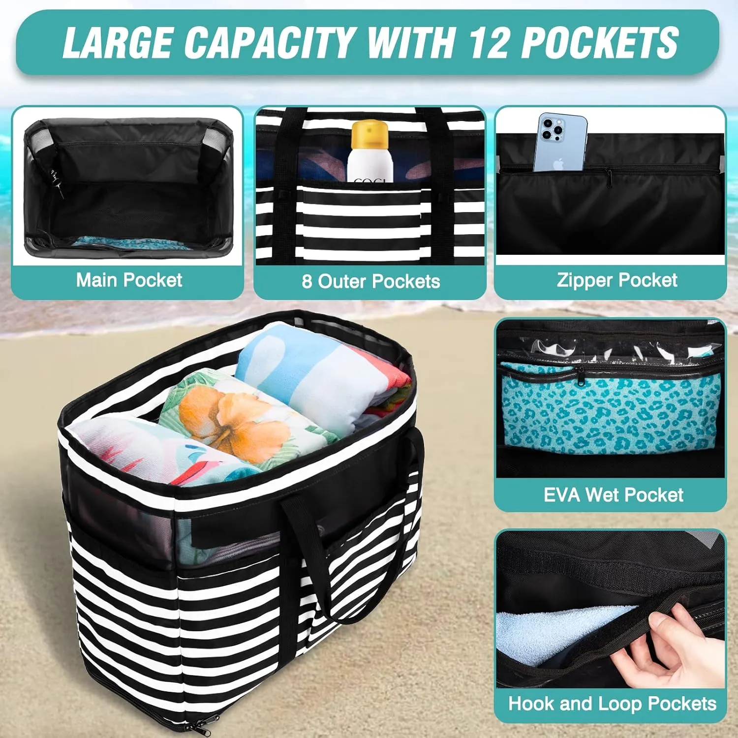 Large Beach Bag with Zipper, 12 Pockets Waterproof Sandproof Pool Bag Womens Mesh Beach Tote Bag for Travel Vacation
