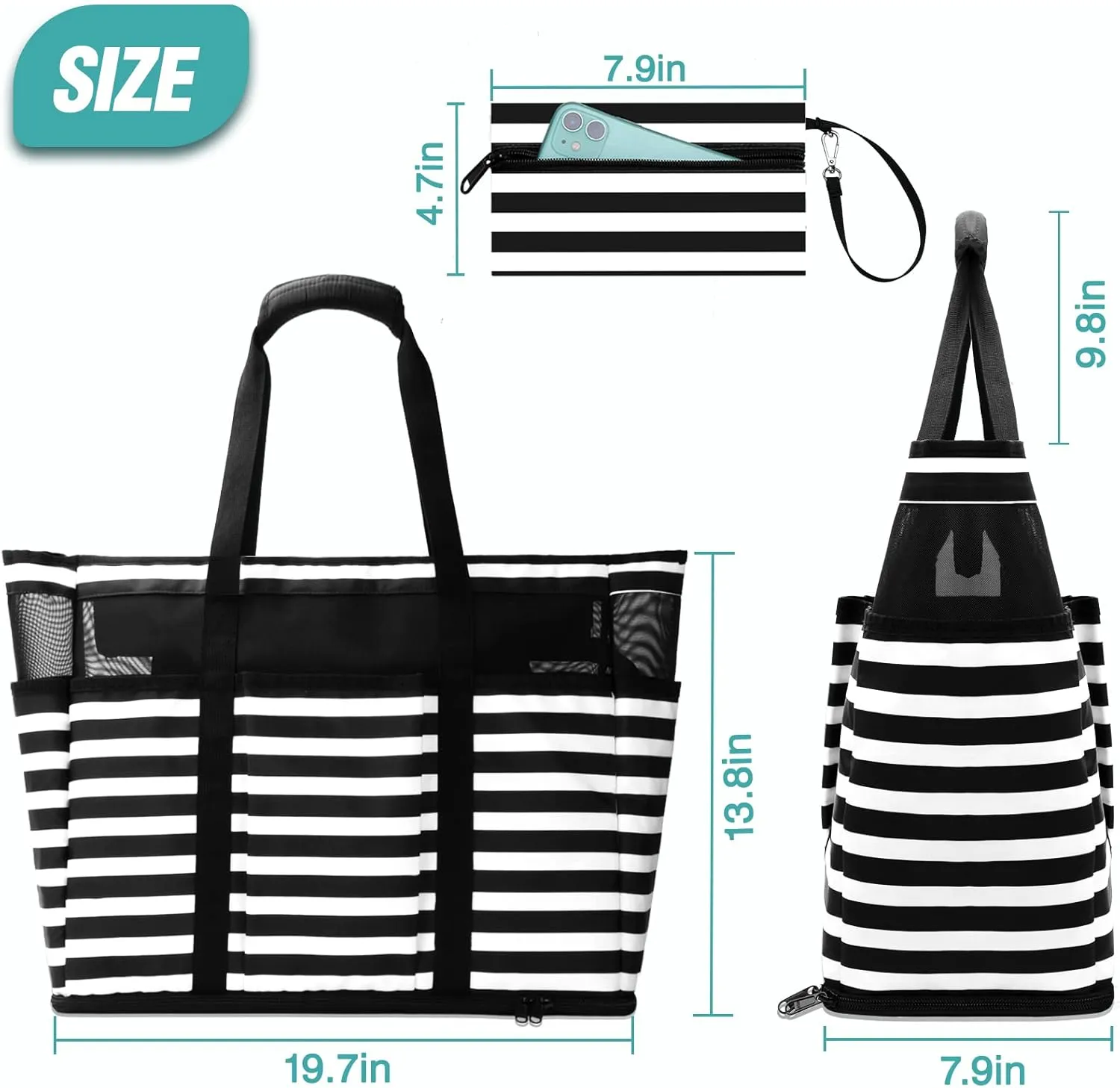 Large Beach Bag with Zipper, 12 Pockets Waterproof Sandproof Pool Bag Womens Mesh Beach Tote Bag for Travel Vacation