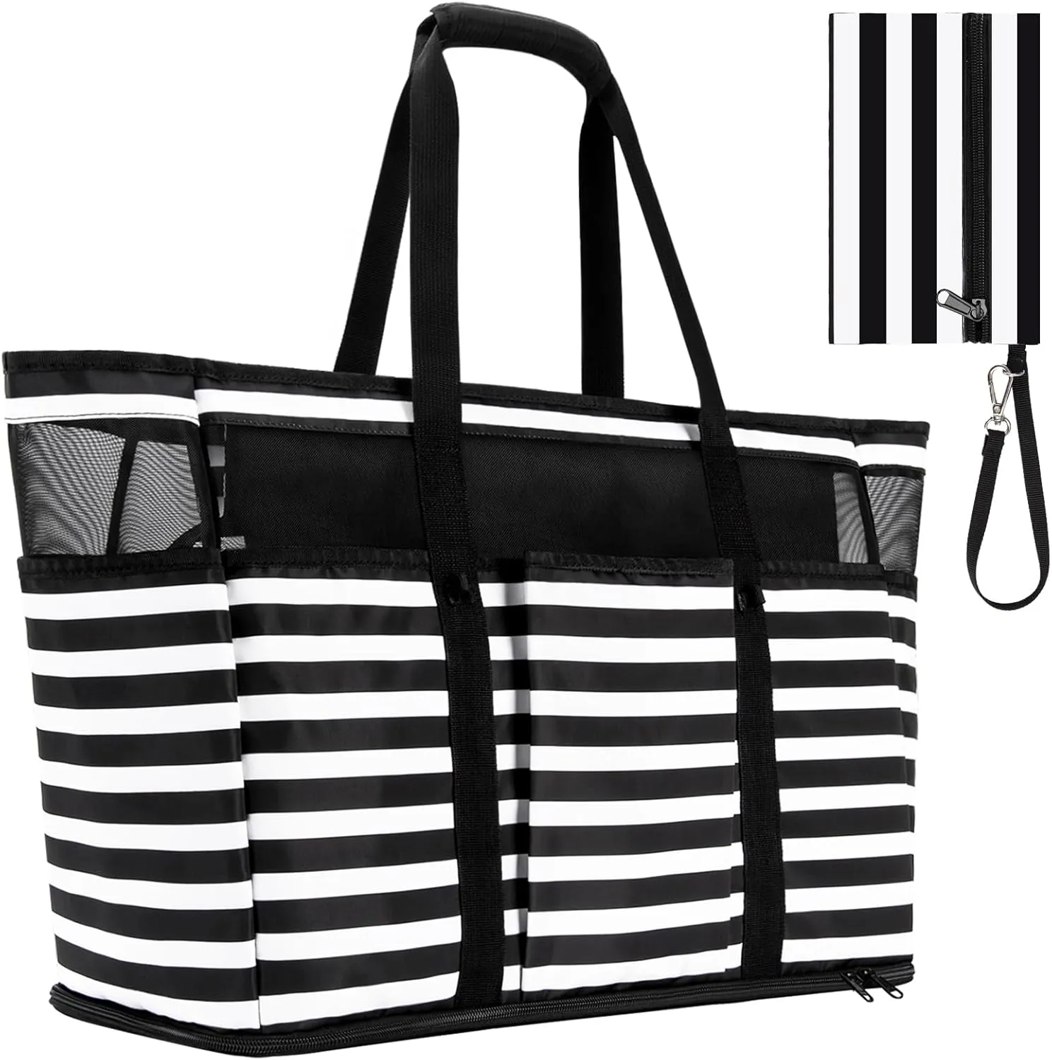 Large Beach Bag with Zipper, 12 Pockets Waterproof Sandproof Pool Bag Womens Mesh Beach Tote Bag for Travel Vacation