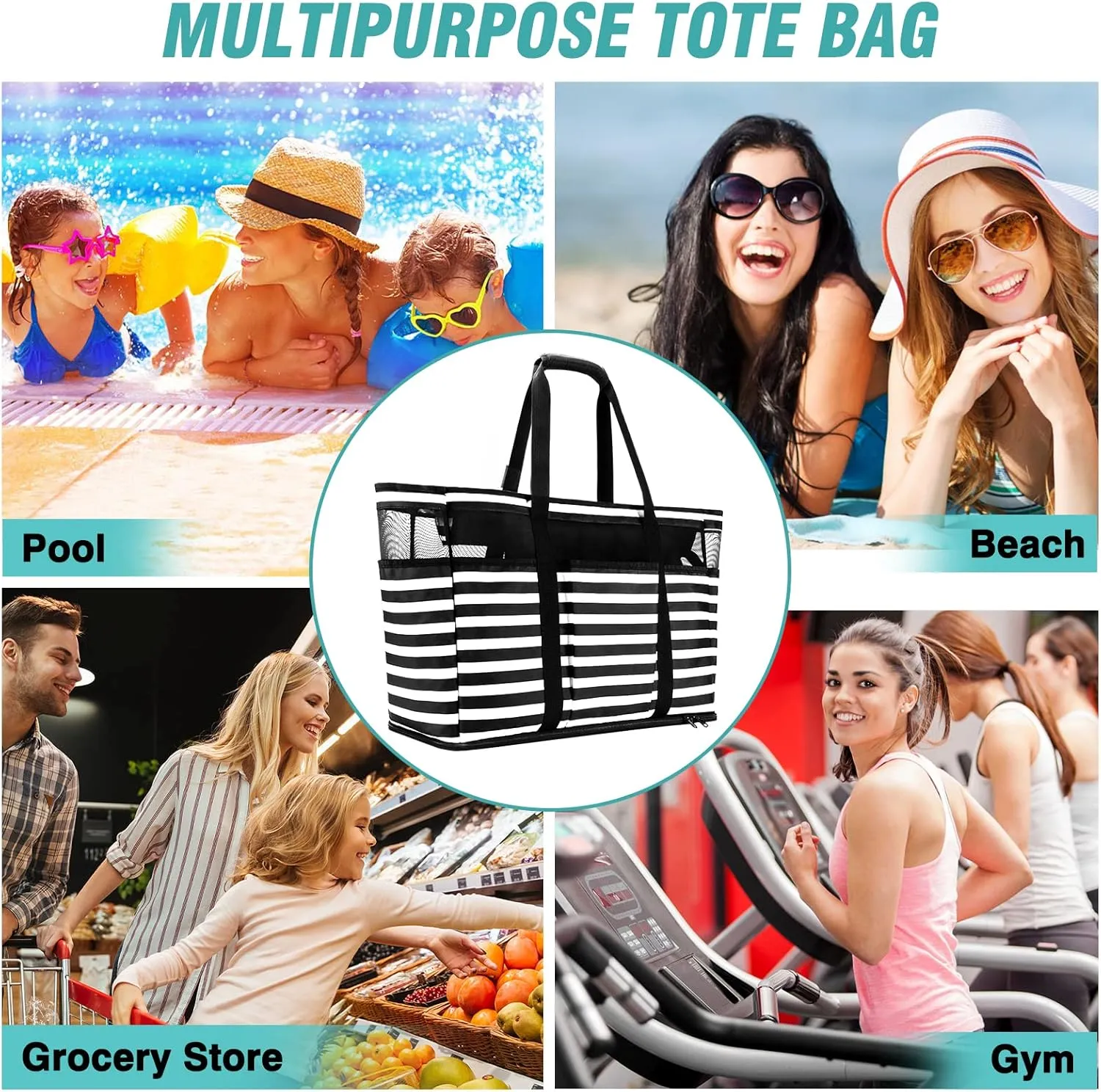Large Beach Bag with Zipper, 12 Pockets Waterproof Sandproof Pool Bag Womens Mesh Beach Tote Bag for Travel Vacation