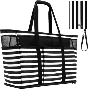 Large Beach Bag with Zipper, 12 Pockets Waterproof Sandproof Pool Bag Womens Mesh Beach Tote Bag for Travel Vacation