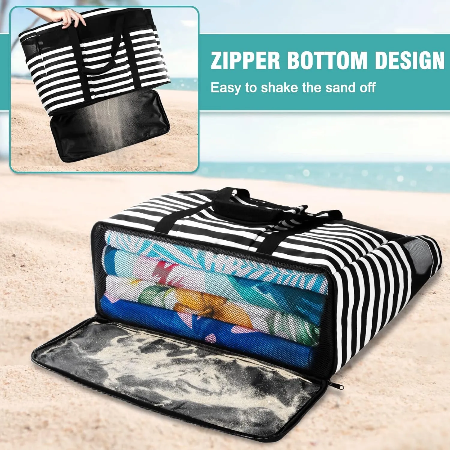 Large Beach Bag with Zipper, 12 Pockets Waterproof Sandproof Pool Bag Womens Mesh Beach Tote Bag for Travel Vacation