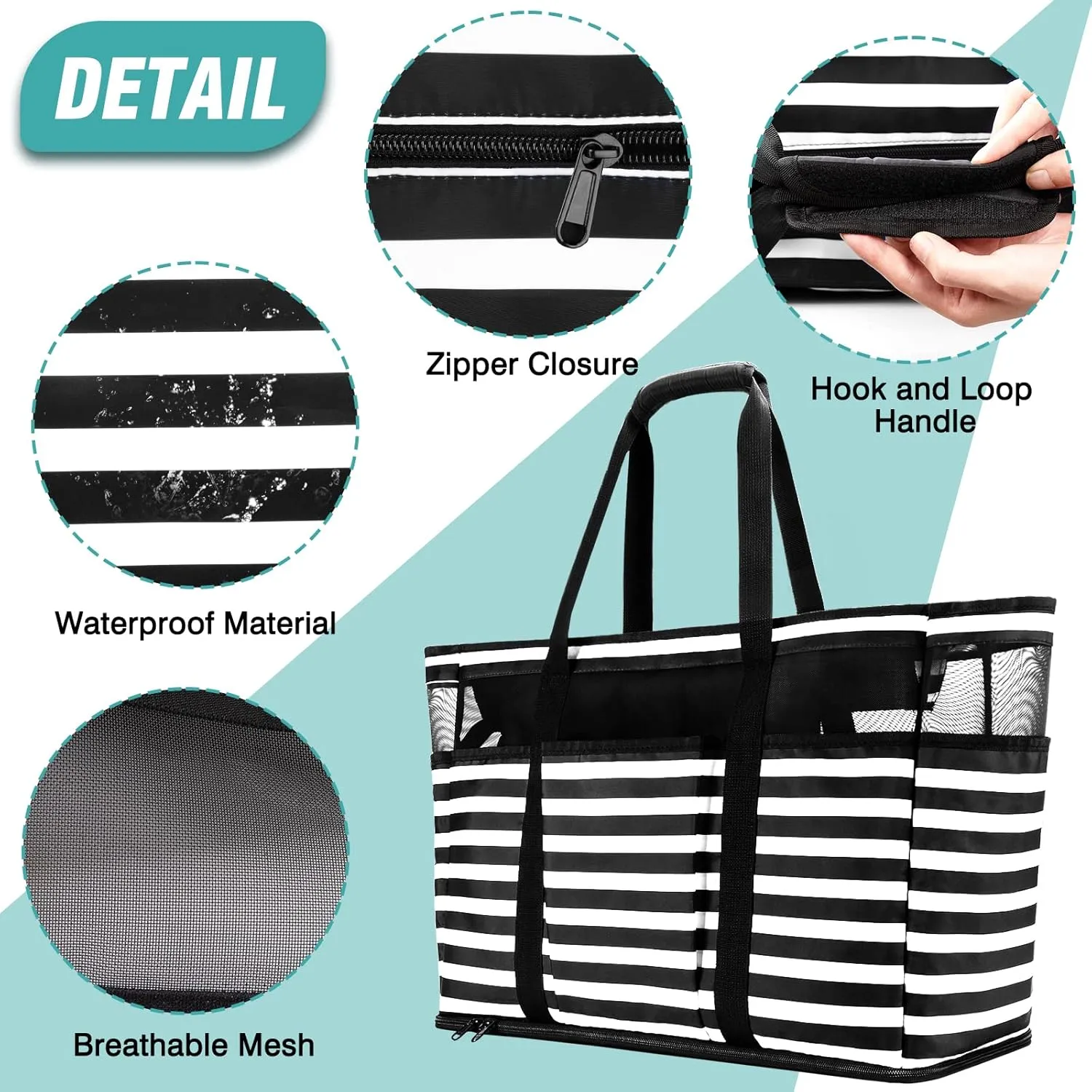 Large Beach Bag with Zipper, 12 Pockets Waterproof Sandproof Pool Bag Womens Mesh Beach Tote Bag for Travel Vacation