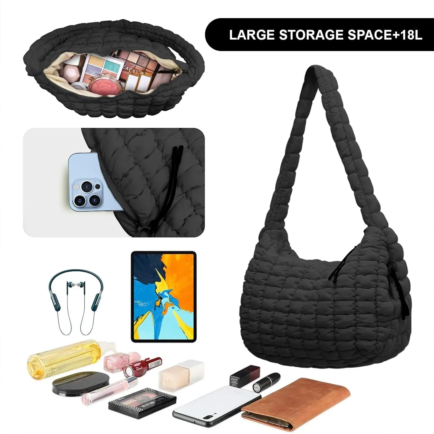Large Puffer Tote Bag for Women Quilted Crossbody Bag, Hobo Quilted Tote Bag Crossbody Shoulder Handbags Puff Purse