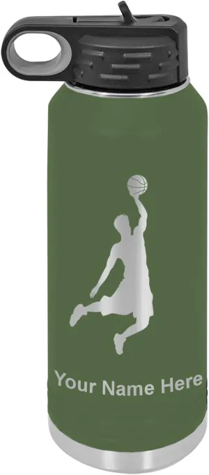 LaserGram Personalized Water Bottle, Basketball Slam Dunk Man, Stainless Steel Double Wall Vacuum Insulated with Flip Top Straw, Custom Engraved Gift (32oz / 950ml Camo Green)