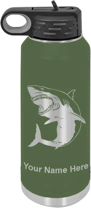 LaserGram Personalized Water Bottle, Great White Shark, Stainless Steel Double Wall Vacuum Insulated with Flip Top Straw, Custom Engraved Gift (40oz / 1180ml Camo Green)