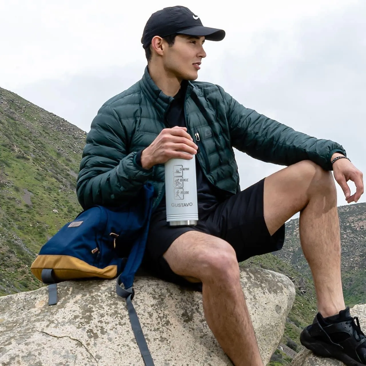 LaserGram Personalized Water Bottle, Great White Shark, Stainless Steel Double Wall Vacuum Insulated with Flip Top Straw, Custom Engraved Gift (40oz / 1180ml Camo Green)