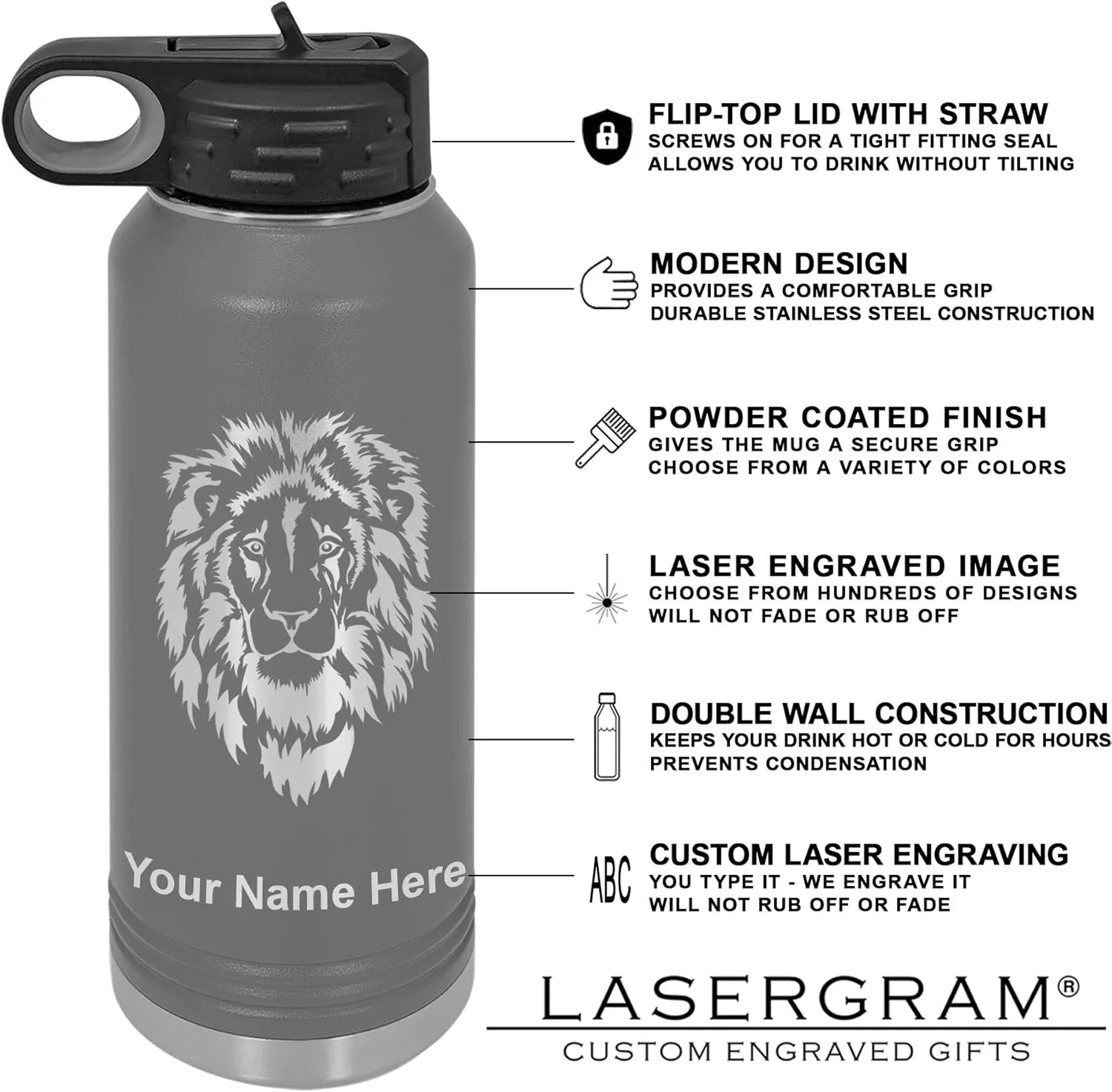 LaserGram Personalized Water Bottle, Helicopter 1, Stainless Steel Double Wall Vacuum Insulated with Flip Top Straw, Custom Engraved Gift (40oz / 1180ml Gray)