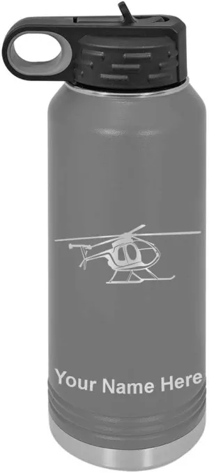 LaserGram Personalized Water Bottle, Helicopter 1, Stainless Steel Double Wall Vacuum Insulated with Flip Top Straw, Custom Engraved Gift (40oz / 1180ml Gray)