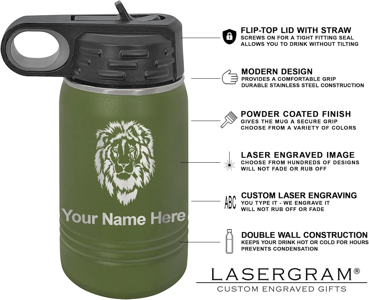 LaserGram Personalized Water Bottle, Tyrannosaurus Rex Dinosaur, Stainless Steel Double Wall Vacuum Insulated with Flip Top Straw, Custom Engraved Gift (12oz / 335ml Camo Green)