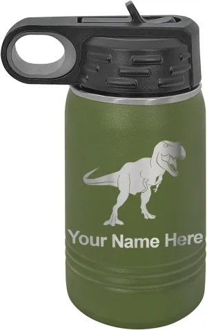LaserGram Personalized Water Bottle, Tyrannosaurus Rex Dinosaur, Stainless Steel Double Wall Vacuum Insulated with Flip Top Straw, Custom Engraved Gift (12oz / 335ml Camo Green)