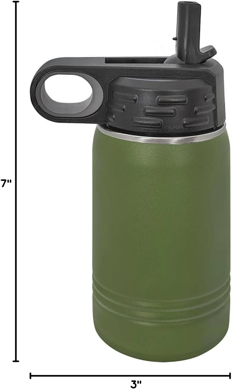 LaserGram Personalized Water Bottle, Tyrannosaurus Rex Dinosaur, Stainless Steel Double Wall Vacuum Insulated with Flip Top Straw, Custom Engraved Gift (12oz / 335ml Camo Green)