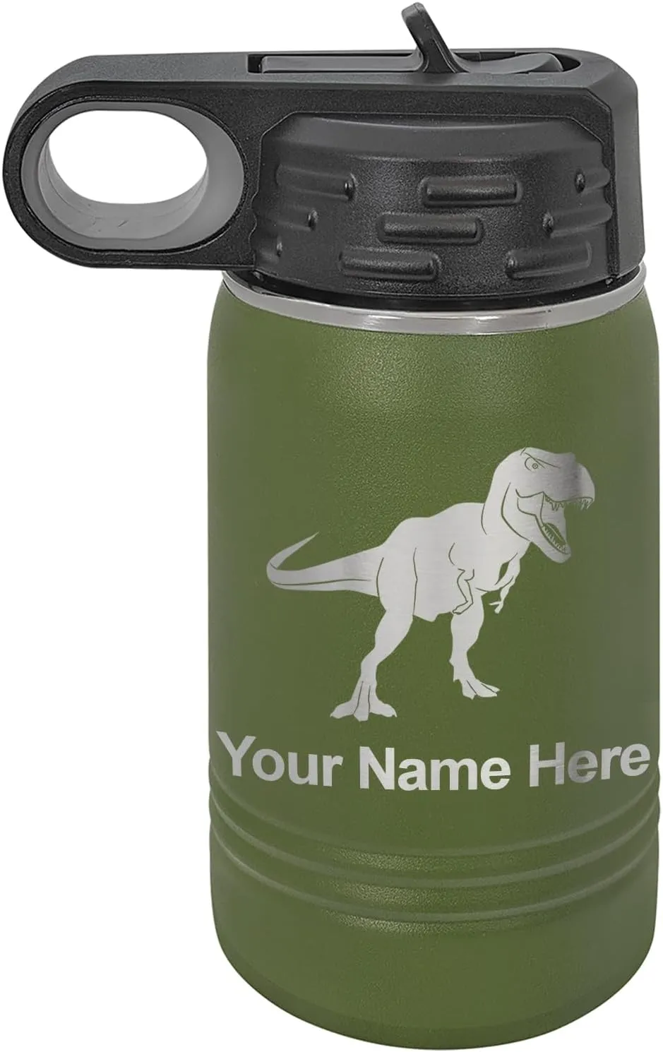 LaserGram Personalized Water Bottle, Tyrannosaurus Rex Dinosaur, Stainless Steel Double Wall Vacuum Insulated with Flip Top Straw, Custom Engraved Gift (12oz / 335ml Camo Green)