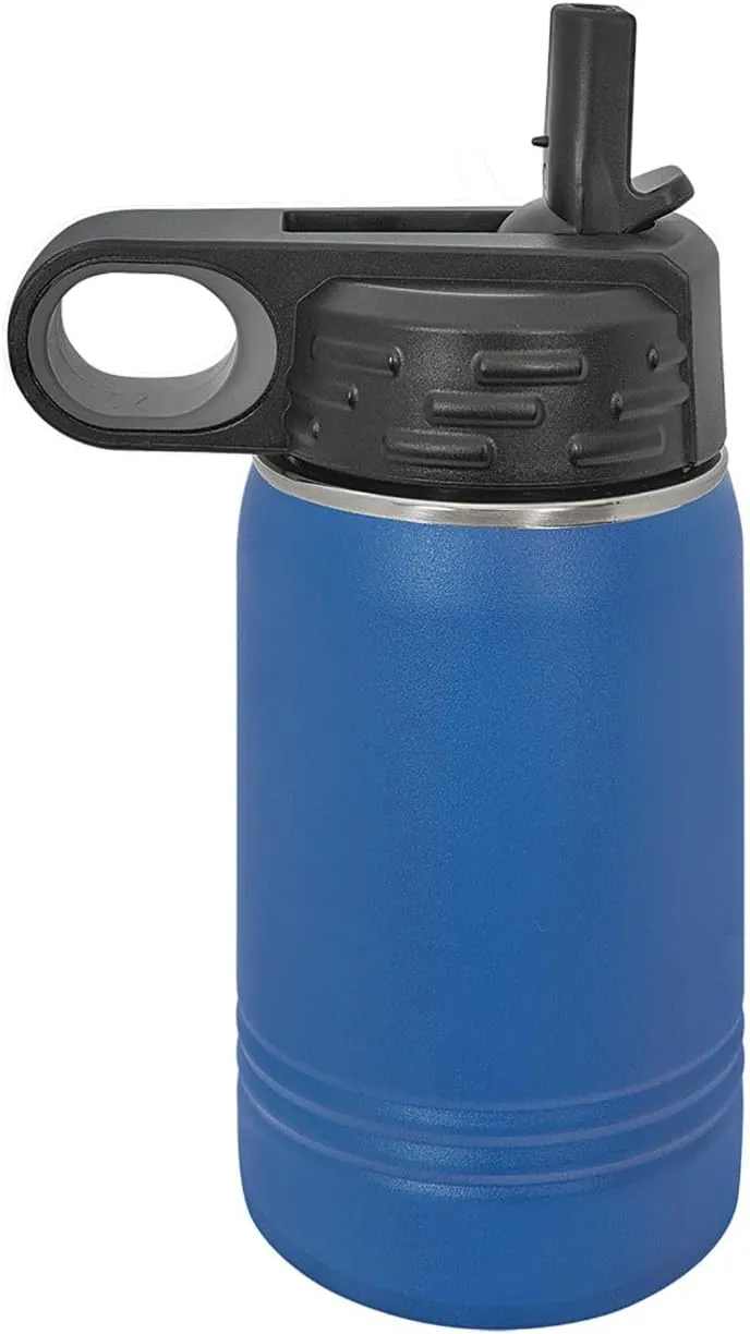 LaserGram Personalized Water Bottle, Tyrannosaurus Rex Dinosaur, Stainless Steel Double Wall Vacuum Insulated with Flip Top Straw, Custom Engraved Gift (12oz / 335ml Dark Blue)