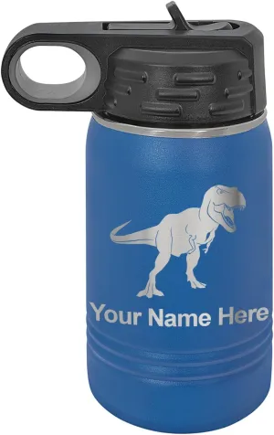 LaserGram Personalized Water Bottle, Tyrannosaurus Rex Dinosaur, Stainless Steel Double Wall Vacuum Insulated with Flip Top Straw, Custom Engraved Gift (12oz / 335ml Dark Blue)