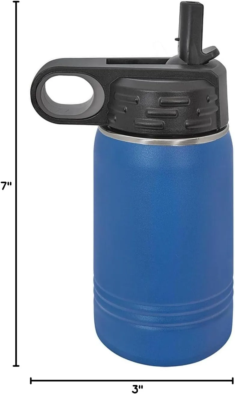 LaserGram Personalized Water Bottle, Tyrannosaurus Rex Dinosaur, Stainless Steel Double Wall Vacuum Insulated with Flip Top Straw, Custom Engraved Gift (12oz / 335ml Dark Blue)