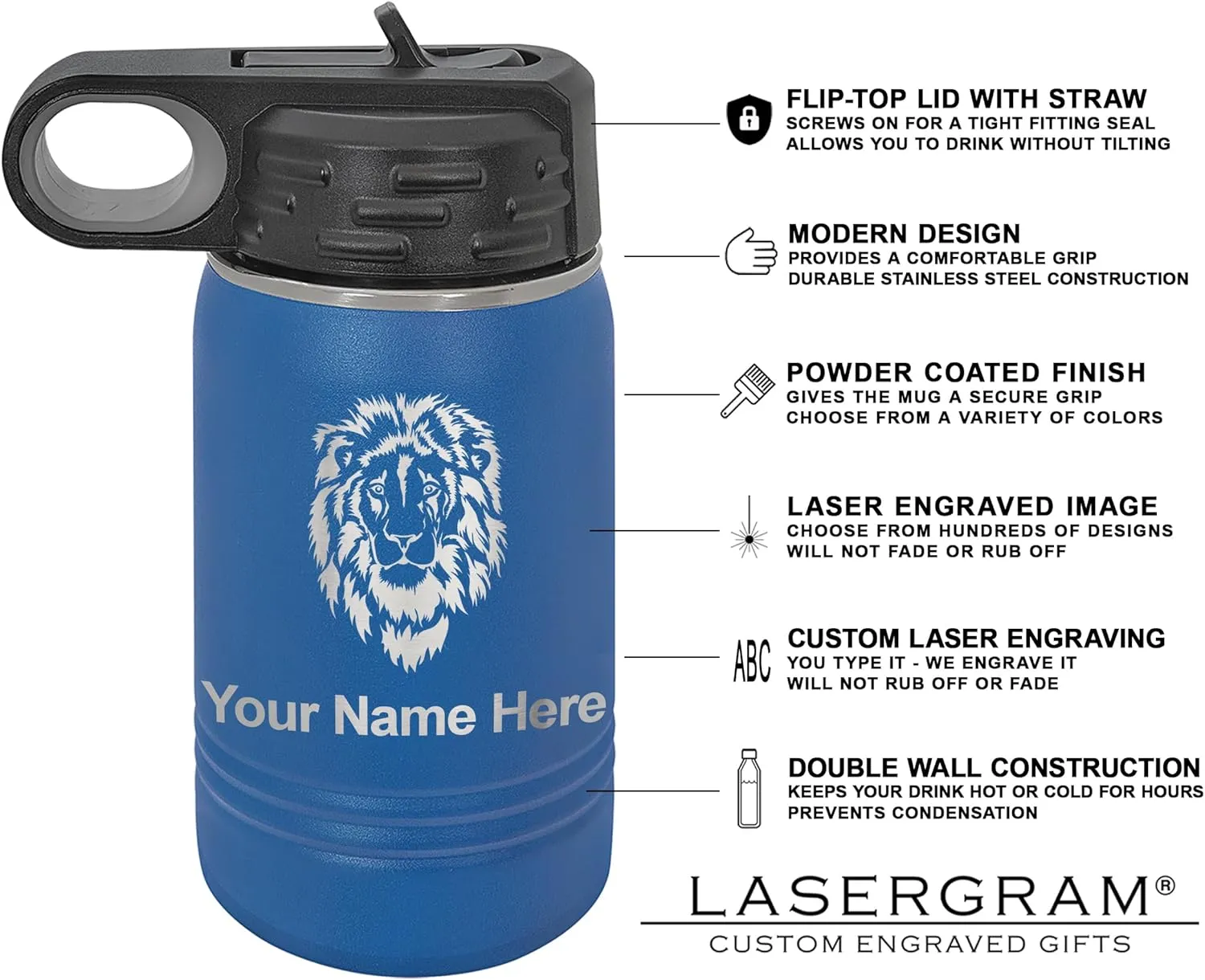 LaserGram Personalized Water Bottle, Tyrannosaurus Rex Dinosaur, Stainless Steel Double Wall Vacuum Insulated with Flip Top Straw, Custom Engraved Gift (12oz / 335ml Dark Blue)