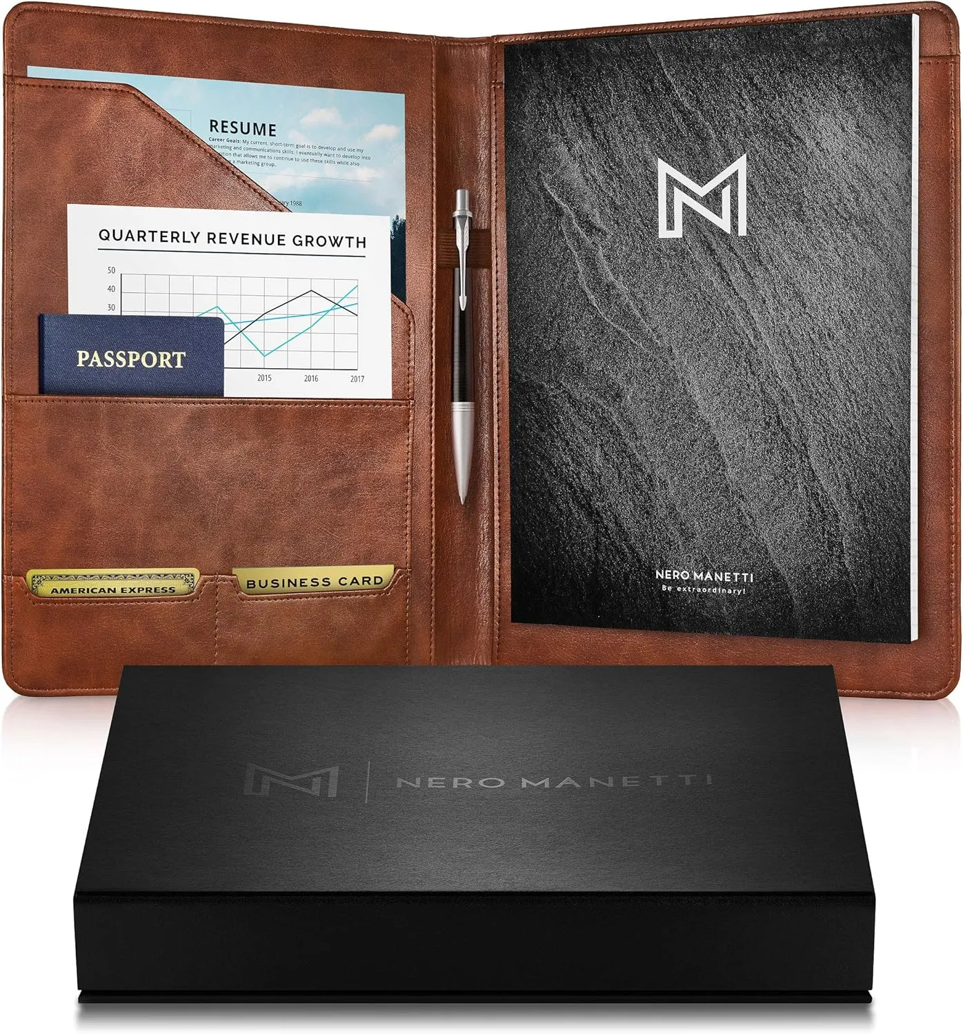Leather Portfolio Folder - Business PU Leather Notepad Holder for Resumes, Legal Pad Executive Binder, Professional Padfolio Notebook for Women/Men (Brown)