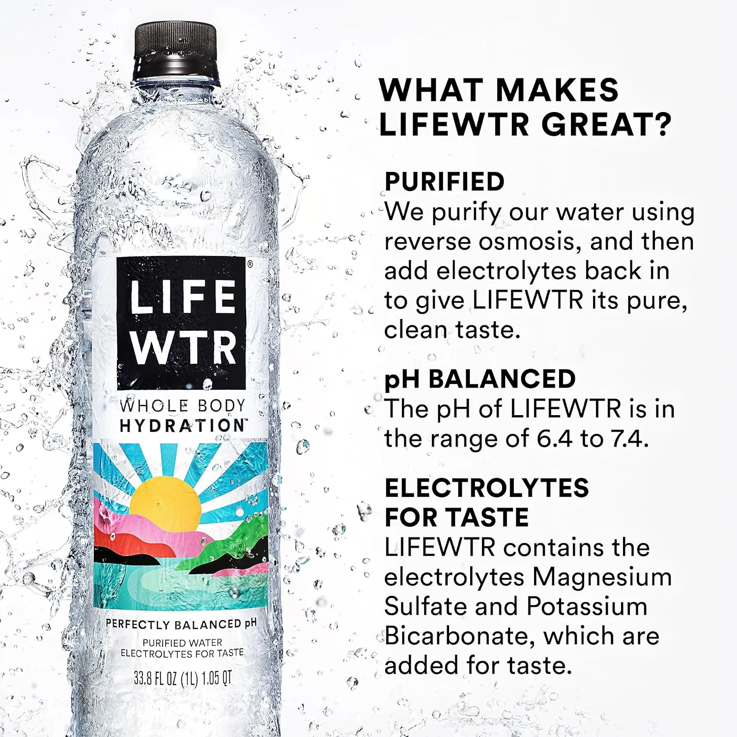 LIFEWTR Premium Purified Water, pH Balanced with Electrolytes, 100% recycled plastic bottles, 23.7 Fl Oz Flip Cap Bottles, 700 mL (Pack of 12)