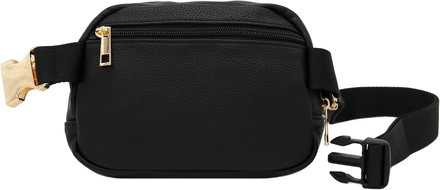Lightweight Soft PU Pebbled Leather Everyday Sling Fanny Pack Belt Bag with Gold Metal Buckle (Black)