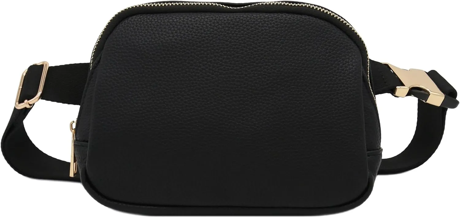 Lightweight Soft PU Pebbled Leather Everyday Sling Fanny Pack Belt Bag with Gold Metal Buckle (Black)