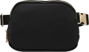 Lightweight Soft PU Pebbled Leather Everyday Sling Fanny Pack Belt Bag with Gold Metal Buckle (Black)