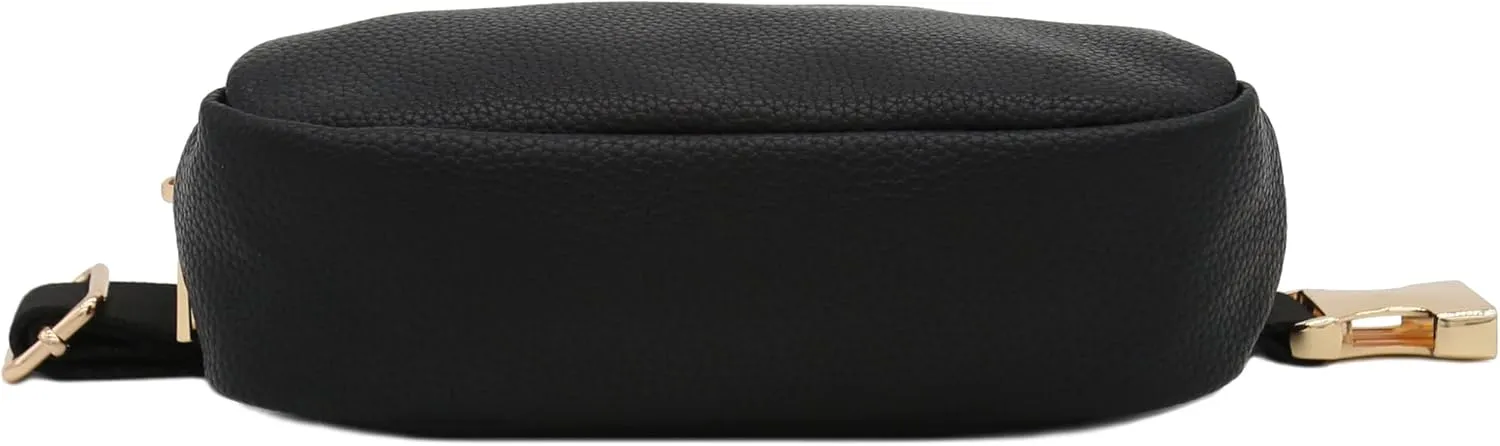 Lightweight Soft PU Pebbled Leather Everyday Sling Fanny Pack Belt Bag with Gold Metal Buckle (Black)