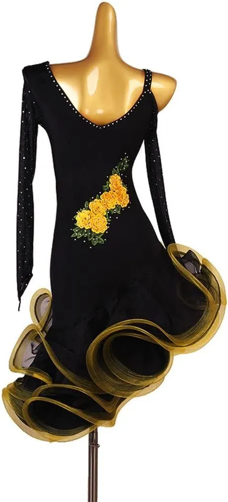 LIUHUO Black Long Sleeve Fishbone Dress Latin Dance Dress Party Show Women's 3D Embroidery