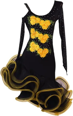 LIUHUO Black Long Sleeve Fishbone Dress Latin Dance Dress Party Show Women's 3D Embroidery