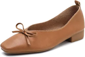 LIURUIJIA Women's Slip On Bowknot Ballet Flats Square Toe Lightweight Casual Dressy Comfortable Work Low Heels Retro Dress Shoes
