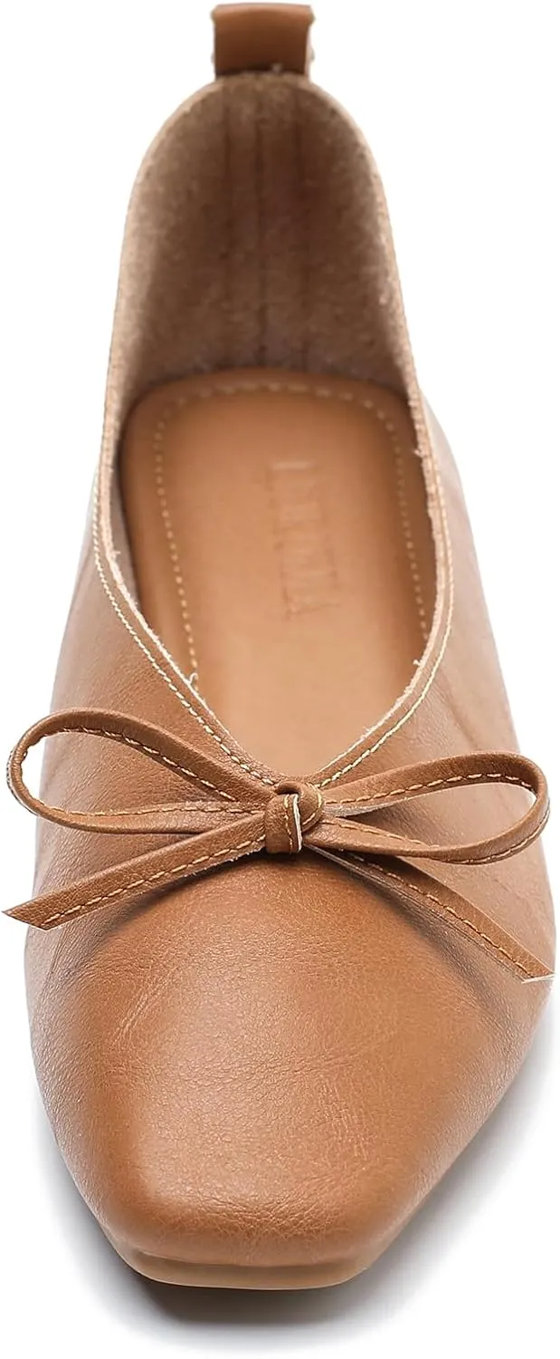 LIURUIJIA Women's Slip On Bowknot Ballet Flats Square Toe Lightweight Casual Dressy Comfortable Work Low Heels Retro Dress Shoes