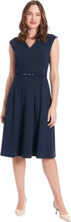 London Times V-Neck Knee Length Fit and Flare Belt | Business Casual Dress for Women