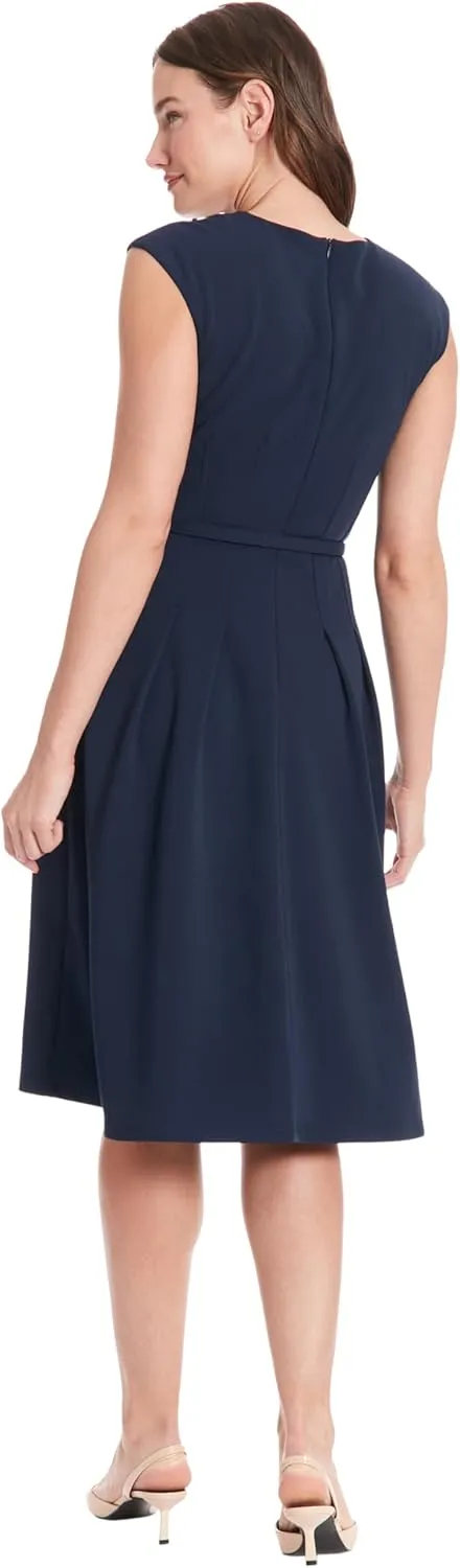 London Times V-Neck Knee Length Fit and Flare Belt | Business Casual Dress for Women