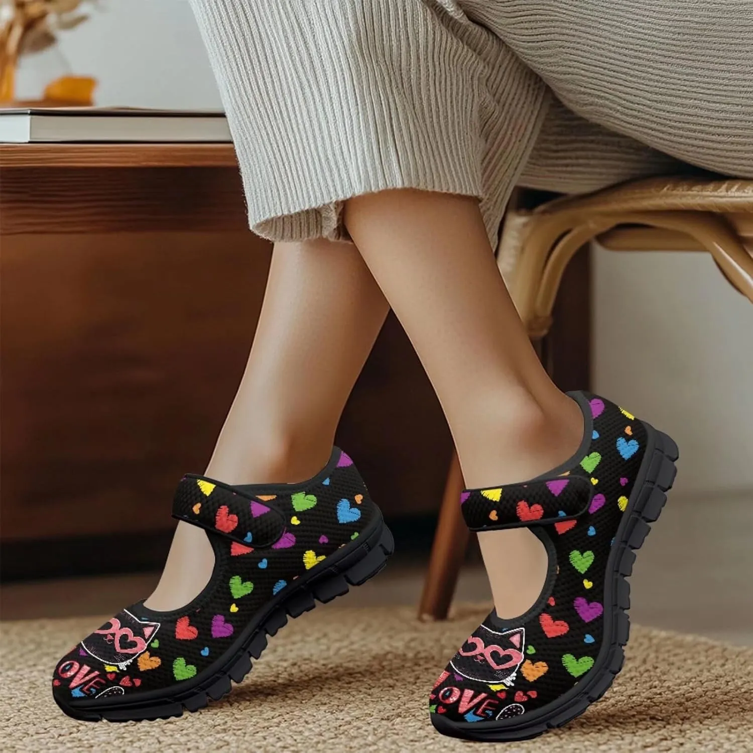 Love Heart Pattern Womens Shoes Casual Breathable Slip On Kung Fu Mary Jane Shoes Diabetic Adjustable Grounding Shoes