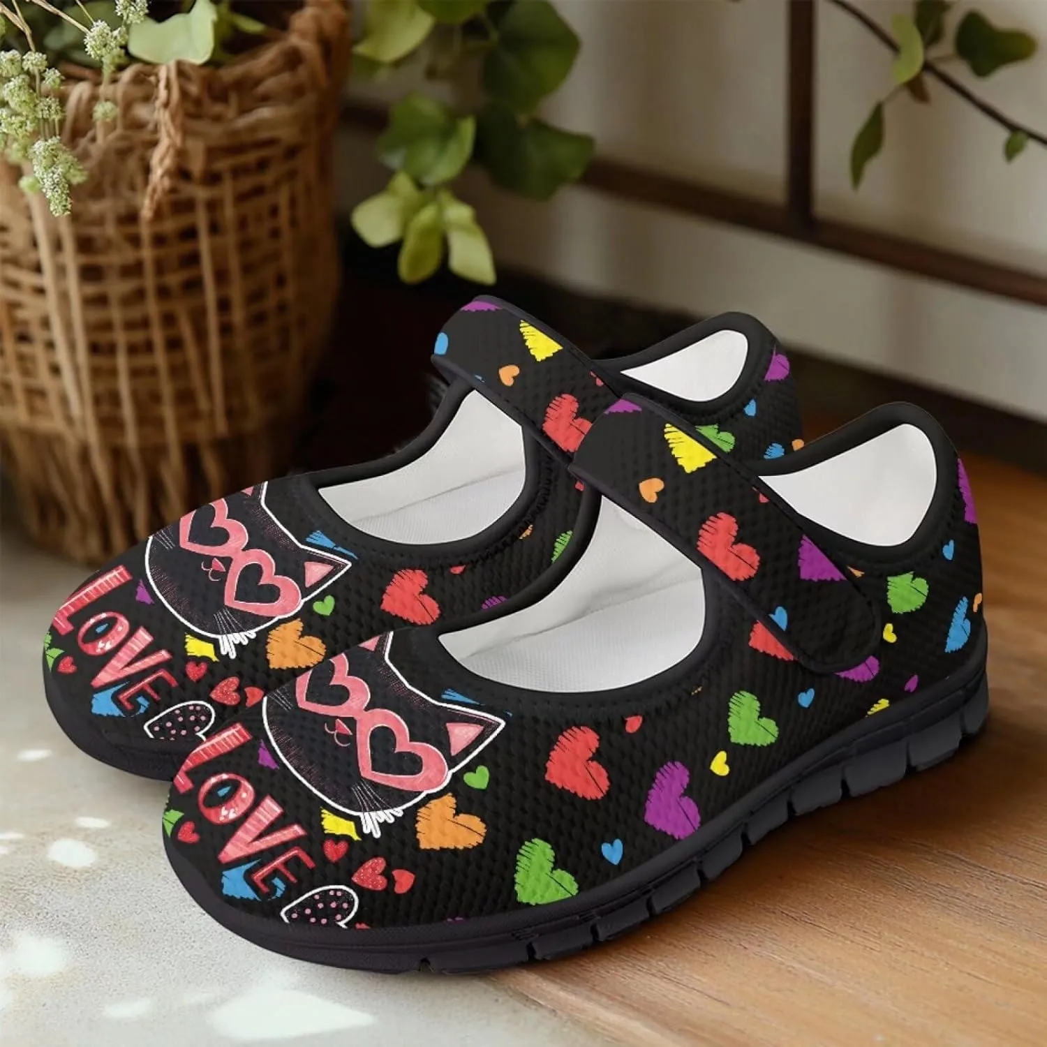Love Heart Pattern Womens Shoes Casual Breathable Slip On Kung Fu Mary Jane Shoes Diabetic Adjustable Grounding Shoes
