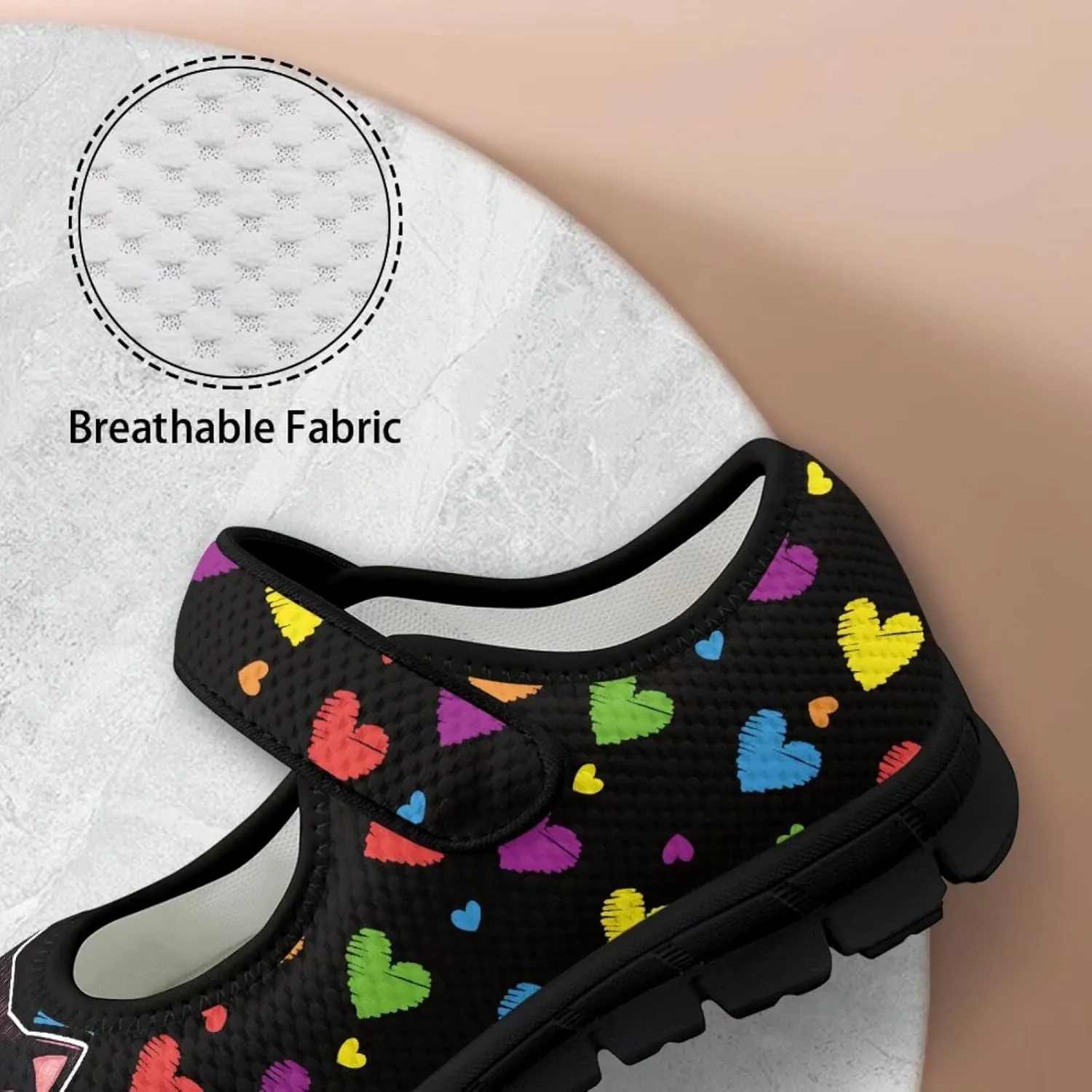 Love Heart Pattern Womens Shoes Casual Breathable Slip On Kung Fu Mary Jane Shoes Diabetic Adjustable Grounding Shoes