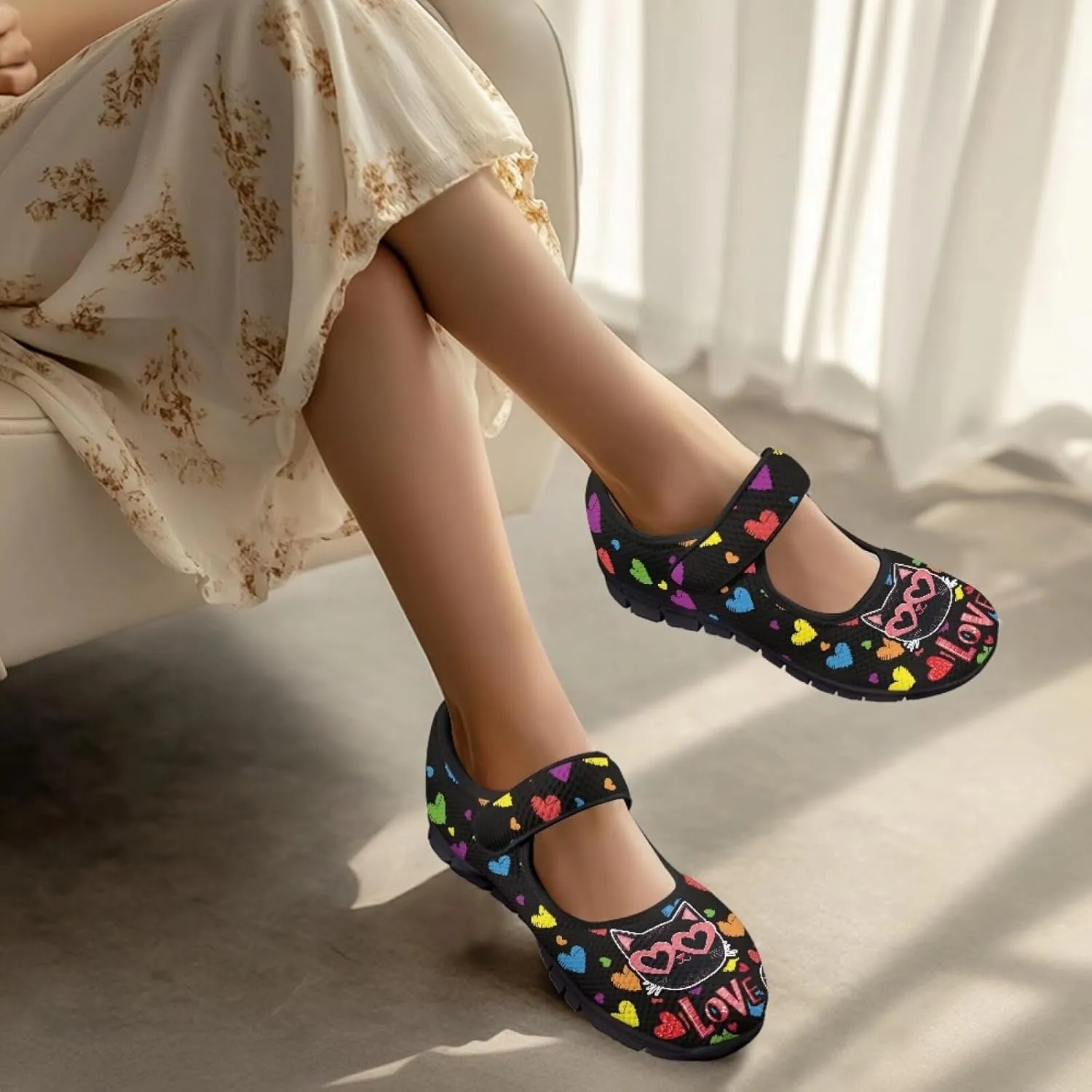 Love Heart Pattern Womens Shoes Casual Breathable Slip On Kung Fu Mary Jane Shoes Diabetic Adjustable Grounding Shoes