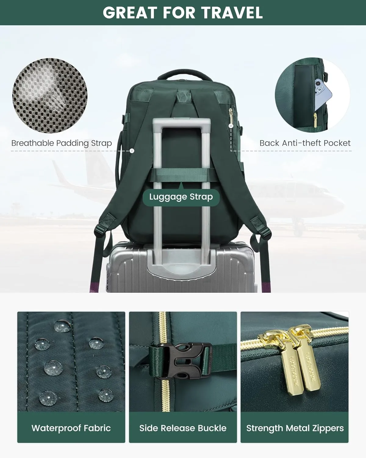 LOVEVOOK Large Travel Backpack for Women, TSA Carry on Backpack for Airplanes, 40L Personal Item Travel Bag fits 17" Laptop, Waterproof Carry on Bag Flight Approved with 4 Packing Cubes, Dark Green