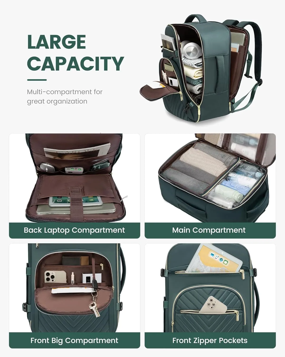 LOVEVOOK Large Travel Backpack for Women, TSA Carry on Backpack for Airplanes, 40L Personal Item Travel Bag fits 17" Laptop, Waterproof Carry on Bag Flight Approved with 4 Packing Cubes, Dark Green
